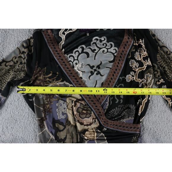 Hale Bob Dress L Floral Silk Multicolor Faux Wrap Knit Trim Pull On - Picture 5 of 7